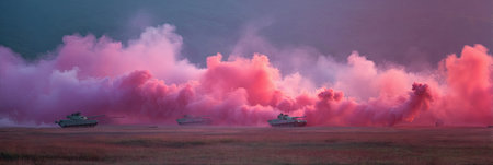 Three tanks move across a barren field, shrouded in a vibrant cloud of pink and purple smoke. The image features a dramatic composition with a soft focus, and the lighting suggests a sunset. The scene may be useful for editorial content or concepts of military, conflict, or environmental themes.の素材