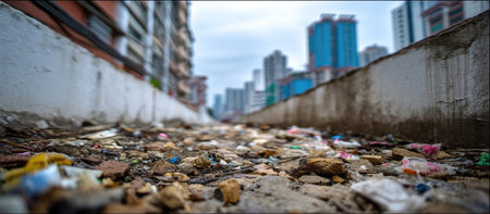 The image depicts a close-up of trash-strewn ground in an urban environment. The composition features various debris, including rocks and litter. Buildings are visible in the background, contrasting with the foreground. The scene suggests an outdoor setting, possibly during the daytime. This image may be suitable for editorial and illustrative purposes.の素材