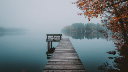 A wooden dock stretches into a calm lake, its planks leading towards a misty horizon. The scene features a muted color palette, with water mirroring the overcast sky. Trees with autumn foliage frame the composition. Suitable for visual concepts and various commercial applications.の素材