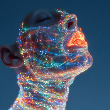 An artistic digital rendering presents a human head overlaid with a vibrant network of lights. The colors include blue, green, and orange against a dark background. The image likely symbolizes technology and the interconnectedness of information. This image may be used in commercial contexts for science, technology, or creative design.の素材