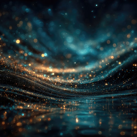 An abstract digital artwork displays a cosmic scene with flowing particles of light. The composition features deep blues and golden hues, with a blurred, dreamy aesthetic. The image evokes a sense of wonder and could be used for various projects, including websites or editorial publications.の素材