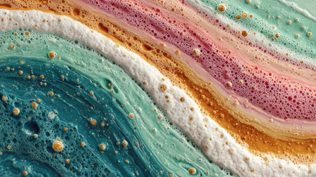 This image presents a vibrant abstract composition featuring layered, wavy bands of color. The visual texture includes a foamy effect with bubbles, showcasing hues of teal, pink, orange, and white. The artwork style is contemporary and may be suitable for diverse applications in design, advertising, and editorial content.の素材