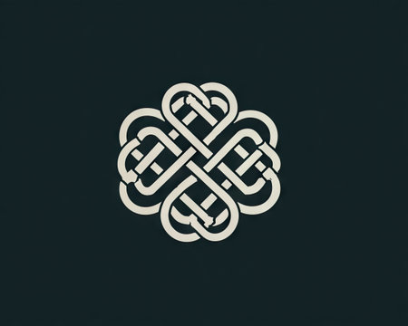 An abstract illustration presents a four-leaf clover design, composed of interwoven shapes set against a dark background. The design showcases soft, curved lines in a single color. This graphic suggests concepts of luck and unity, with potential application for design and marketing materials.の素材
