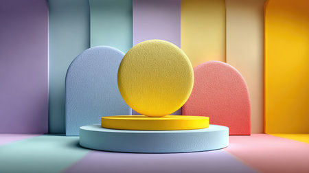 A vibrant composition showcases a yellow circular object atop a pastel-colored display stand. The scene features multiple vertical panels in various soft hues, complemented by curved arches. The style suggests a modern, minimalistic approach, potentially suitable for promotional or decorative applications. The overall lighting enhances the presentation's visual appeal.の素材