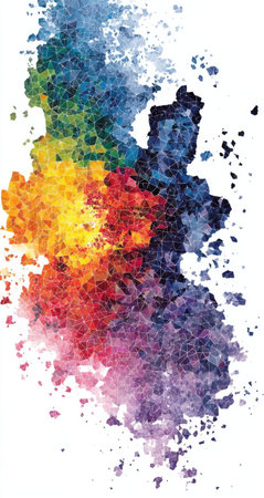 An abstract artwork showcases a vibrant explosion of colors against a clean white backdrop. The composition features various hues blended together in a dynamic and energetic display. This visually striking image may be suitable for graphic design projects, digital art illustrations, and various commercial purposes.の素材