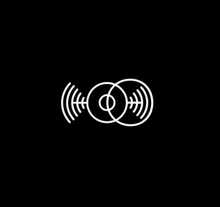 A minimalist graphic design features two interconnected circles with wave-like lines emanating from them, set against a solid black backdrop. The artwork showcases a clean, linear style with high contrast between the white design and the dark background. It might be suited for various commercial or editorial applications.の素材