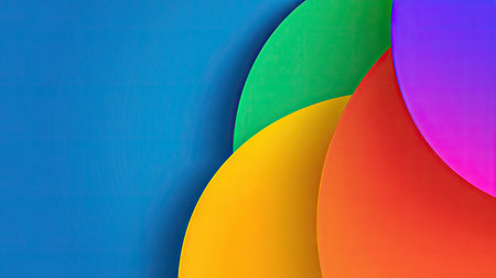 This image showcases an abstract composition featuring layered, curved shapes in a spectrum of vibrant colors. The design utilizes a gradient effect and shadows to create depth. Suitable for digital backgrounds and visual design, it could be used in various commercial projects.の素材