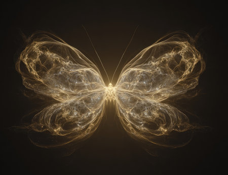 An ethereal illustration depicts a butterfly rendered in glowing gold against a deep black backdrop. The artwork showcases textured, luminous wings that evoke smoke or energy. The composition, centrally framed, suggests concepts like transformation and elegance. Suitable for various design projects and digital art applications.の素材