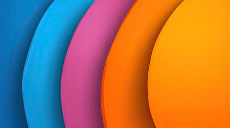 This image presents a modern abstract design featuring layered, curved shapes in various bright colors. The composition includes blue, pink, orange, and yellow hues, with gradients suggesting depth and dimension. Suitable for various design projects, this vibrant visual may be used in commercial or editorial contexts.の素材