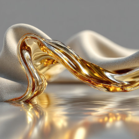 An artistic composition showcases flowing gold liquid interacting with white silk. The image displays a close-up perspective with detailed textures and lighting. The reflective surface adds depth, creating a surreal setting. Suitable for various design projects and commercial applications.の素材