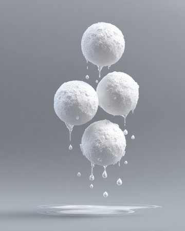 This abstract image features four white spheres suspended in the air, each with liquid drops. The composition employs a neutral gray background with gentle shadows. The rendering suggests a clean, modern aesthetic with potential for use in various visual communication projects, offering a sense of purity and conceptual themes.の素材