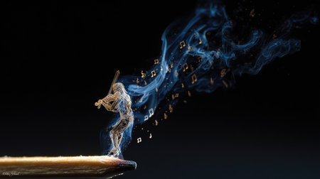 An artistic depiction showcases a violinist figure created from smoke playing a violin. The composition features a dark background, the smoke emitting musical notes. This creative illustration utilizes lighting to highlight details, suitable for various promotional and editorial purposes related to music and performance.の素材