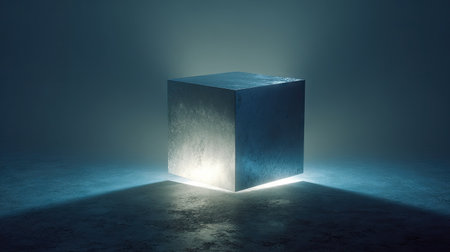 A single, metallic cube is centered in a dimly lit environment, possibly indoors. The object glows from within, casting bright highlights and soft shadows across a cool, textured surface. The composition is minimalistic, emphasizing geometry and light. Suitable for advertising concepts or visual content.の素材