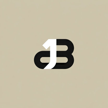 A modern lettermark logo displays a stylized 'J' and 'B' combined with a number '1'. The design utilizes black and white elements against a neutral background. The composition features a minimalist aesthetic and graphic elements appropriate for various uses, including branding and advertising.の素材