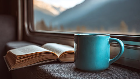 A turquoise mug sits next to an open book on a train window ledge, with a blurred view of mountains in the background. The lighting appears soft, indicating possibly an overcast day. The composition suggests a moment of leisure. This image may be suitable for editorial use or as a stock photo illustration.の素材