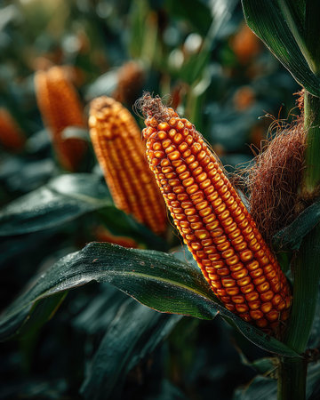 This image showcases a close-up of ripe corn cobs, exhibiting detailed textures and colors. The composition highlights the kernels and surrounding foliage, with a shallow depth of field. The scene suggests an outdoor agricultural environment, appropriate for various editorial and commercial projects.の素材