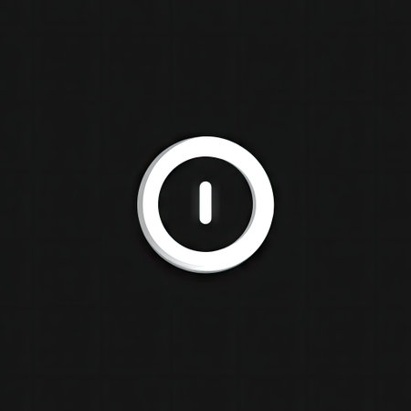 A white power button icon is centered against a dark background. The design is simple, with a circular outline and a vertical line inside. The visual style is clean and modern, potentially suitable for digital interfaces or design projects. It could be used in various applications, including website design or app development.の素材
