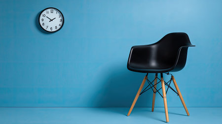 A minimalist composition features a black chair and a round clock against a solid blue backdrop. The chair, set at an angle, exhibits smooth lines, while the clock displays hands indicating time. The lighting is diffused, and the scene presents a clean, simple aesthetic suitable for commercial and editorial purposes.の素材