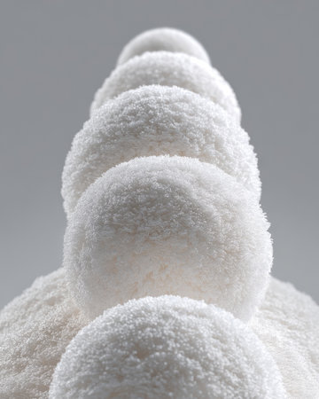 An abstract composition features multiple spherical forms stacked to create a layered visual effect. The surfaces exhibit a rough, textured appearance with a predominantly white color palette. The background is a flat, neutral gray. Ideal for use in design projects or as a visual element within various commercial and editorial contexts.の素材