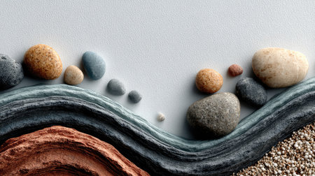 An artistic arrangement features various sized pebbles set amidst layered, textured wave patterns. Earthy tones of brown, gray, and tan are contrasted with soft blue. The composition suggests a natural environment and could be suitable for designs related to nature or abstract art. Potential uses include editorial design and commercial illustrations.の素材