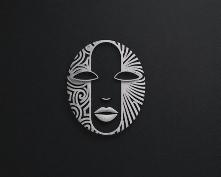 An abstract illustration presents an African mask design against a dark backdrop. The artwork features white, intricate patterns with curved lines and symmetrical elements. The composition showcases a close-up perspective, utilizing shadow effects to create depth, possibly suitable for various design projects or visual communication.の素材