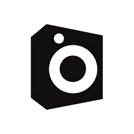 An abstract camera icon is presented against a white backdrop. The design features a geometric shape with circular elements, rendered in contrasting black and white. Its clean lines and minimalist aesthetic suggest a modern approach, suitable for digital applications or visual branding. This image could be used for various commercial projects.の素材