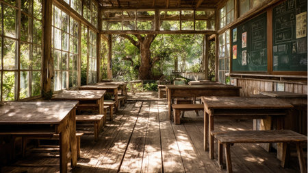 An interior shot showcases a weathered classroom filled with old wooden desks and benches. The scene is bathed in natural light filtering through large windows, revealing a vibrant view of outside greenery. The style appears aged, perhaps suggesting a forgotten building or nostalgic atmosphere. Potential uses include historical themes or educational designs.の素材
