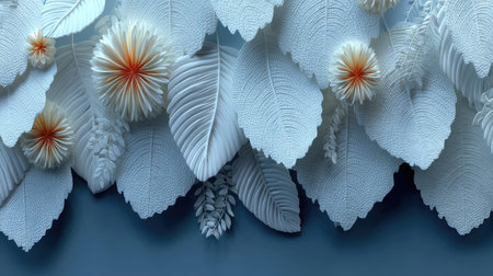 An abstract composition features stylized white leaves and small orange flower-like elements. The image displays a close-up perspective revealing textured surfaces and detailed veining. Soft lighting highlights the forms against a cool-toned background. Suitable for decorative art, design projects, and visual content for various applications.の素材