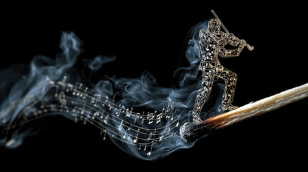 An artistic representation features a musician figure playing the violin, crafted from a wire-like material. Musical notes and smoke emanate from a matchstick base against a dark background. The composition employs a selective focus, with the visual elements creating a sense of movement. This image is suitable for a variety of creative and editorial applications.の素材