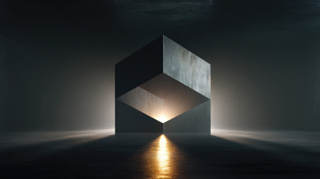 A dark, digitally rendered image features a large, geometric cube structure. The cube is made of rough, textured material, and is bathed in dramatic lighting. Strong shadows and a golden glow emanate from within the object creating a sense of depth and mystery. Suitable for conceptual illustrations and design projects.の素材