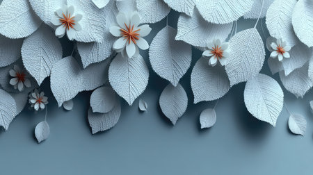 A close-up view displays a crafted arrangement of white leaves and flowers against a light blue backdrop. The stylized flowers feature orange centers. The composition uses overhead lighting, creating shadows and highlights. Suitable for decorative projects or commercial designs where a clean and modern aesthetic is required.の素材