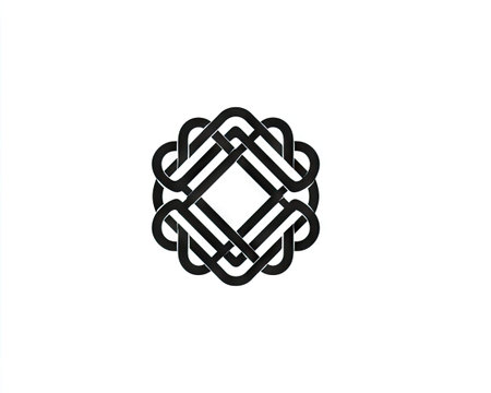 An elegant graphic design features an interwoven black pattern against a stark white backdrop. The composition showcases a repeating, symmetrical form with curved lines, emphasizing depth and visual complexity. This design style lends itself well to various applications in design, suitable for commercial projects.の素材