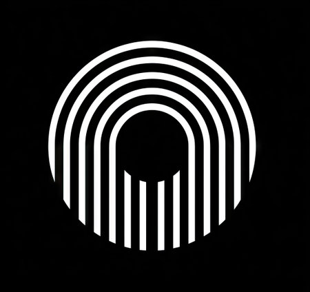 An abstract graphic features concentric arched lines forming a circle against a solid black background. The contrasting white lines create a visual pattern and depth. The composition exhibits a modern, minimalist style, suitable for various design applications. This imagery can be utilized for both commercial and editorial purposes.の素材