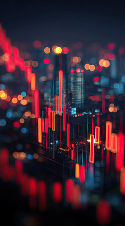 This image showcases an abstract depiction of financial data overlaid onto a city skyline. The composition features a blurred background with vibrant red and orange accents representing market fluctuations. The overall style is modern and digital, suggesting concepts of finance, technology, and economic activity, suitable for various editorial and commercial applications.の素材