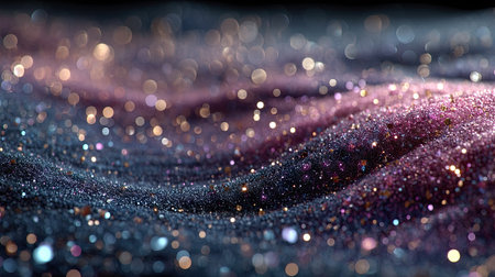 An abstract composition features undulating waves of sparkling particles in deep blues and purples. Soft focus and bokeh effects create a dreamy, ethereal ambiance. The texture suggests a flowing, dynamic movement with glowing highlights, suitable for artistic projects and commercial applications.の素材