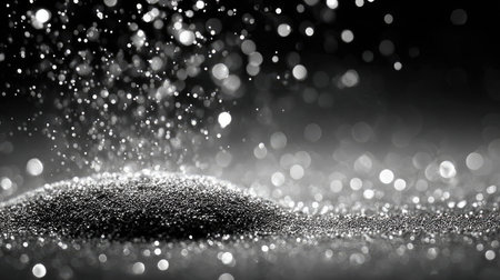 This image features a pile of textured sand with shimmering particles falling in an abstract composition. The scene is dominated by shades of gray and white, creating a contrast between the solid sand and the scattered, luminous elements. Suitable for various design projects and creative content.の素材