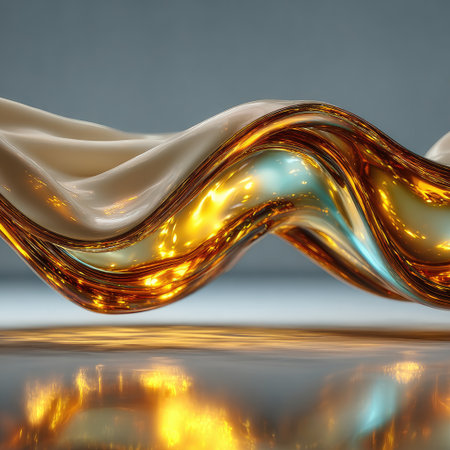 An abstract artwork showcases a flowing, golden fluid form against a muted gray backdrop. The piece highlights glossy textures and reflections. The dynamic composition and vibrant color palette may be suitable for creative projects. This imagery could be used for various commercial and design applications.の素材