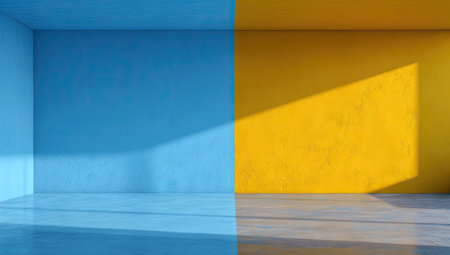 An architectural interior space showcases a split-color design with contrasting blue and yellow walls. The composition features strong geometric lines and shadows cast by sunlight. This vibrant and modern visual offers potential for use in design, marketing, and advertising projects, appealing to creative applications.の素材