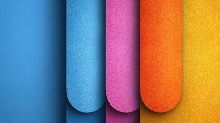 This image features a collection of colorful vertical shapes with rounded edges, overlapping and creating a sense of depth. The composition showcases shades of blue, pink, orange, and yellow. The texture appears to be subtly grainy. Ideal for use in design projects, presentations, or as a background for various commercial applications.の素材