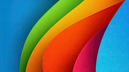 This image showcases a layered abstract design featuring overlapping arcs in a spectrum of colors. The composition includes shades of blue, green, yellow, orange, and pink, creating a visually dynamic effect. The style employs gradients and smooth transitions. Suitable for diverse design projects, it is adaptable for both commercial and editorial uses.の素材