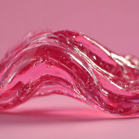 An abstract close-up showcases a wavy form of translucent pink substance. The object's curves and textures create dynamic visual interest against a smooth pink backdrop. The lighting highlights the object's form. This image could be suitable for various design projects or marketing visuals.の素材