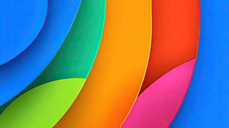 This image presents an abstract composition featuring layered, curved shapes in a spectrum of vivid colors. The design showcases an interplay of forms, with smooth textures and gradient effects. The overall style suggests a modern, graphic aesthetic suitable for various commercial applications, including website backgrounds and print designs.の素材