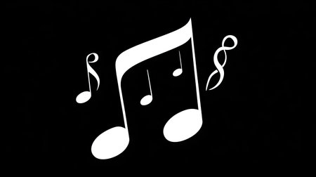 This graphic showcases several white music note symbols against a stark black backdrop. The composition features varying sizes and orientations of the notes, suggesting movement. This image is suitable for a wide range of uses, from educational materials to design projects. The minimalist aesthetic offers adaptability for commercial applications.の素材
