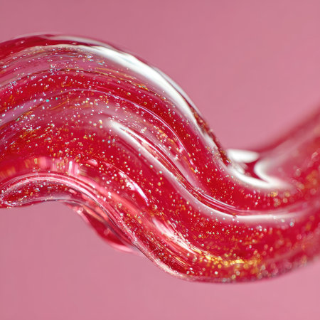 A close-up captures a flowing, abstract form of red, translucent fluid. The surface glistens with glitter particles, offering a dynamic play of light and shadow. The composition is against a soft pink background. This image could be used for various design projects or marketing visuals, highlighting textures and colors.の素材