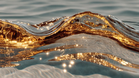 An artistic image presents a close-up of water, showcasing a wave-like form. The water exhibits a golden hue with scattered sparkling highlights, suggesting light reflection. The overall composition emphasizes textures and fluidity, lending itself to creative commercial projects and illustrative purposes.の素材