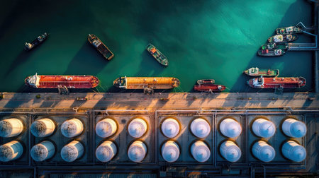 An overhead shot reveals various cargo ships aligned at a harbor, with a contrasting teal-colored water. The ships are painted in different hues, creating a vibrant display. This image, with its natural lighting and detailed composition, is ideal for commercial or editorial applications, such as illustrating industry and transportation.の素材