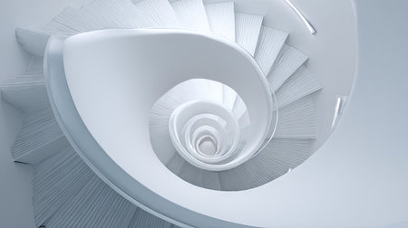 An overhead view reveals a pristine white spiral staircase. The architecture displays a modern, minimalist design with smooth curves and repeating steps. The scene utilizes soft lighting and creates a sense of depth and form. Suitable for illustrating concepts of design, architecture, or creative projects.の素材