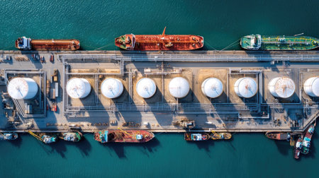 An overhead perspective reveals cargo ships docked at a commercial harbor, alongside storage tanks. The composition features various vessels and white tanks, set against the backdrop of blue water and a gray pier. This image is suited for commercial applications related to maritime commerce, energy, and transportation.の素材