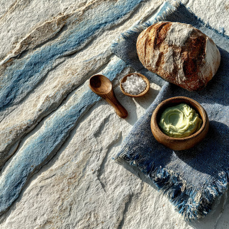 A close-up captures artisanal bread alongside a wooden spoon, small bowl of salt, and a container of avocado dip. The composition utilizes a textured surface of blue and white tones. Overhead lighting illuminates the scene, enhancing the textures and creating a natural feel for editorial or commercial uses.の素材