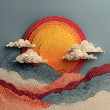 This artwork presents a paper craft scene featuring a vibrant sunset and fluffy clouds. The composition includes layered mountains in shades of blue, pink, and orange. The style is detailed, with a focus on textures. It is suitable for diverse creative projects such as illustrations and digital art.の素材